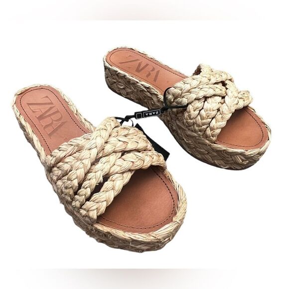 NWT ZARA raffia wedge platform slides 9.5 - Picture 1 of 7